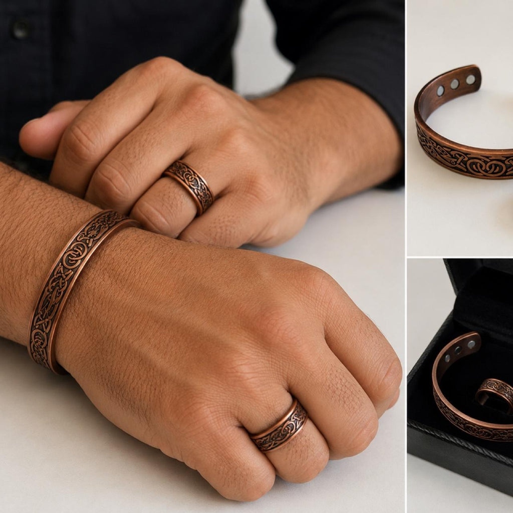 Copper Magnetic Bracelet And Matching Ring Set Unisex Adjustable - Image 1
