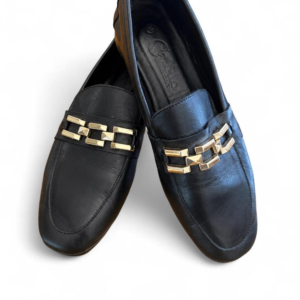 Cabello Comfort Black Leather Loafers With Gold Chain Detail - Image 1