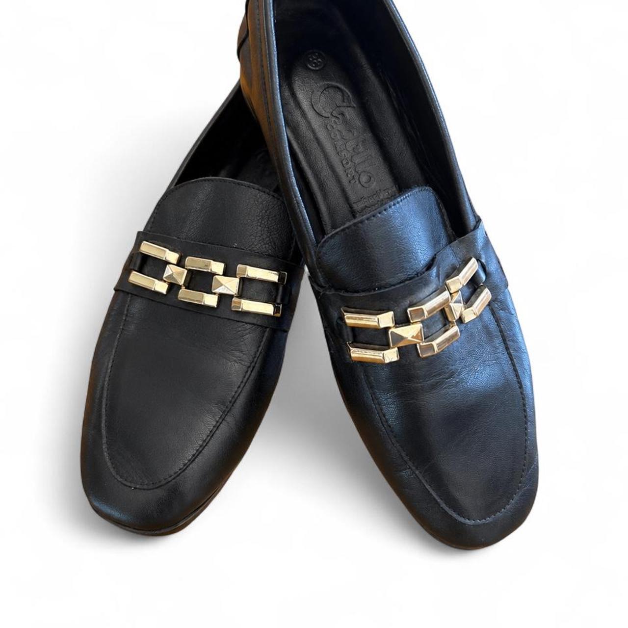 Cabello Comfort Black Leather Loafers With Gold Chain Detail - Image 1