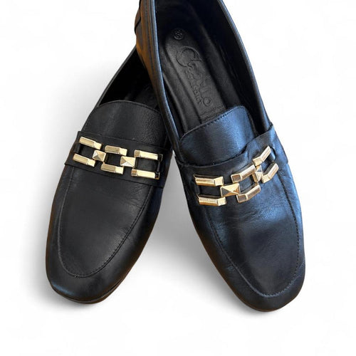 Cabello Comfort Black Leather Loafers With Gold Chain Detail - Image 1
