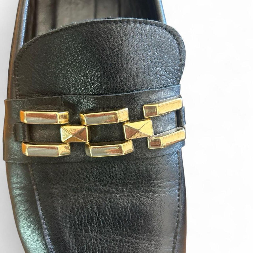 Cabello Comfort Black Leather Loafers With Gold Chain Detail - Image 2