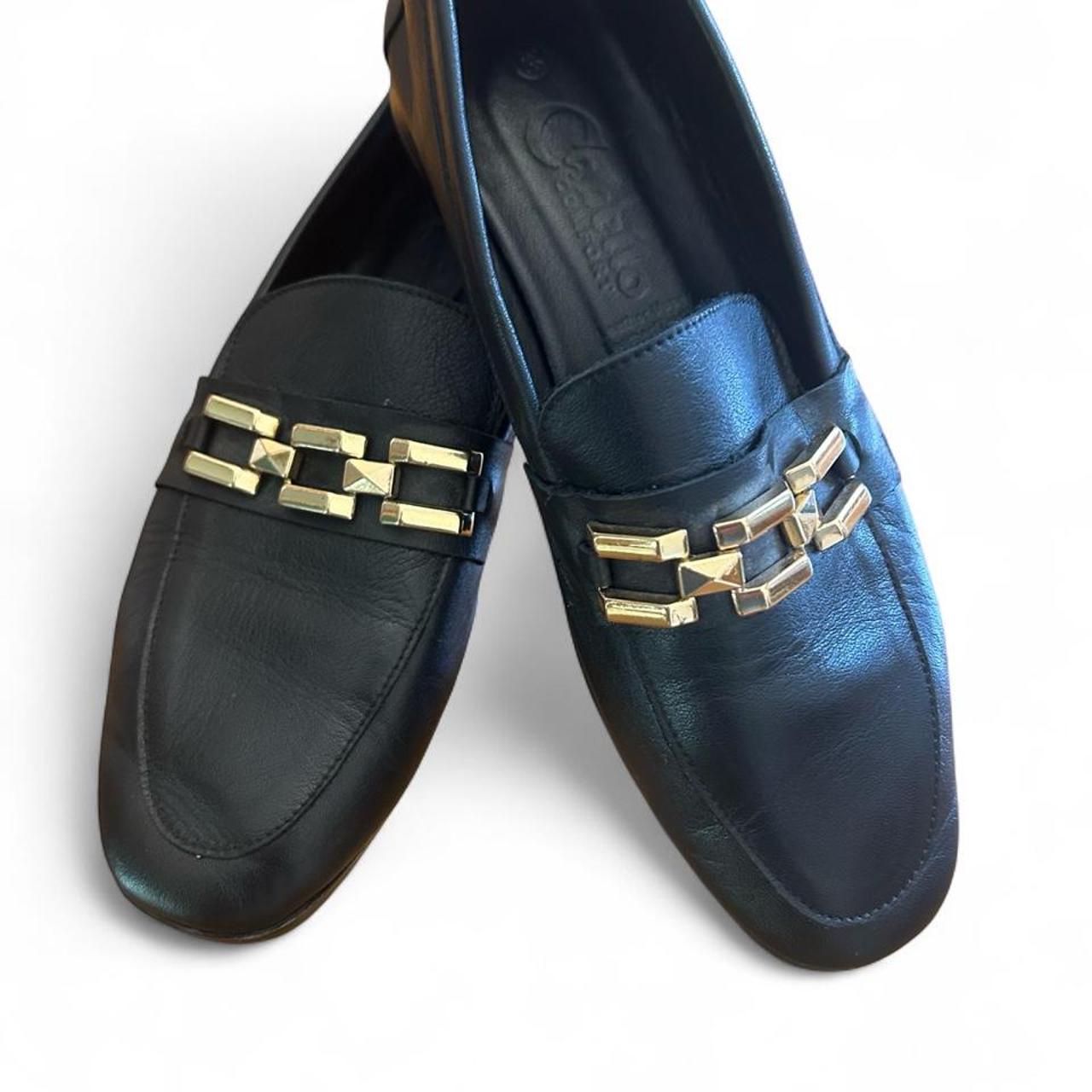 Cabello Comfort Black Leather Loafers With Gold Chain Detail - Image 4