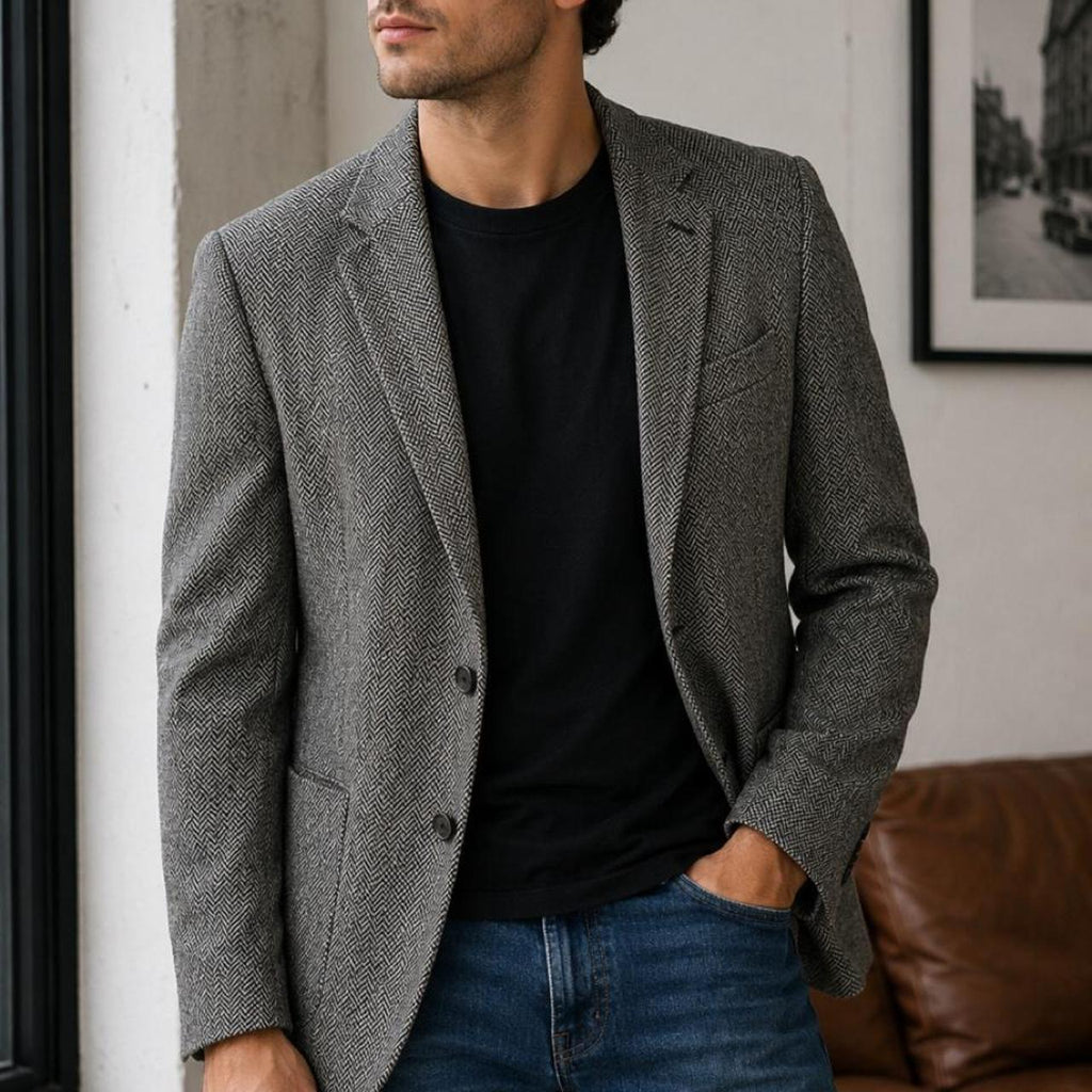 St Michael Men's Vintage Herringbone Blazer Grey Smart Casual Classic Jacket - Image 1