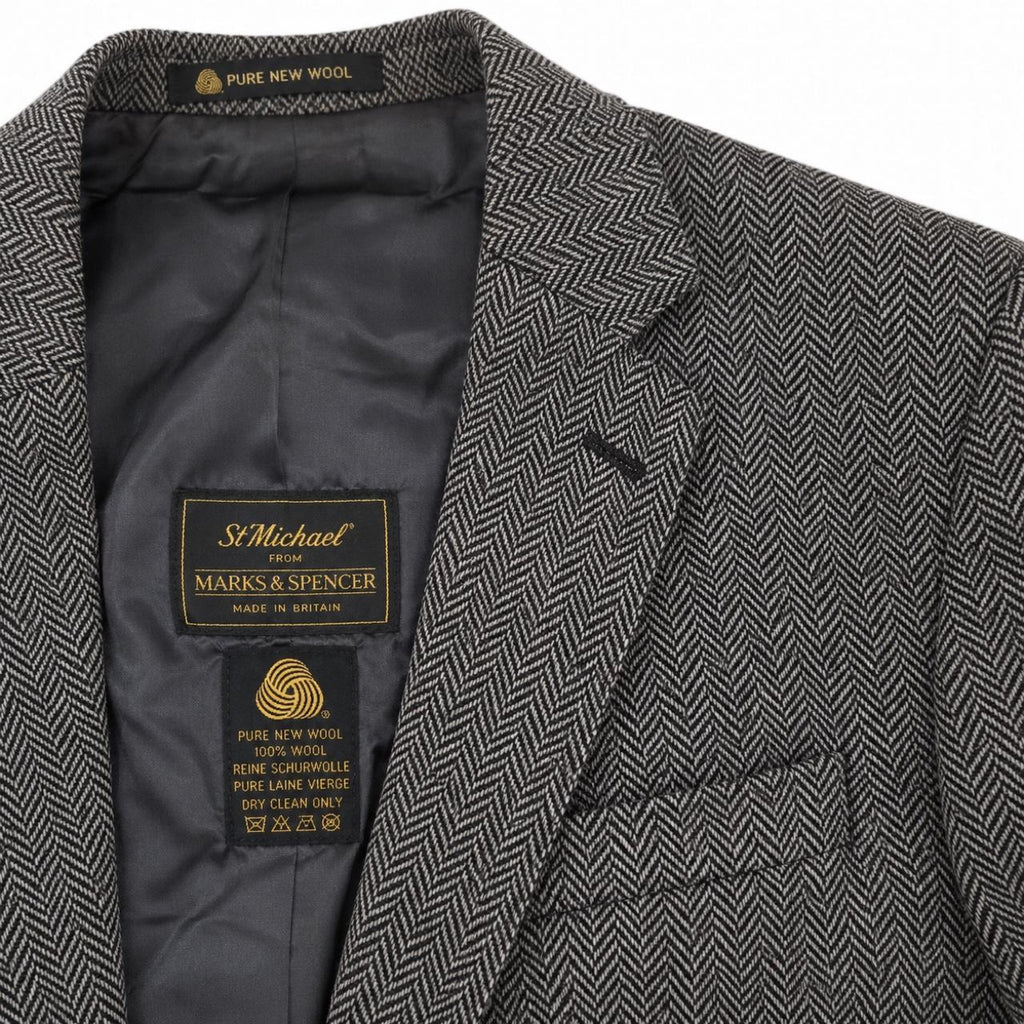 St Michael Men's Vintage Herringbone Blazer Grey Smart Casual Classic Jacket - Image 3