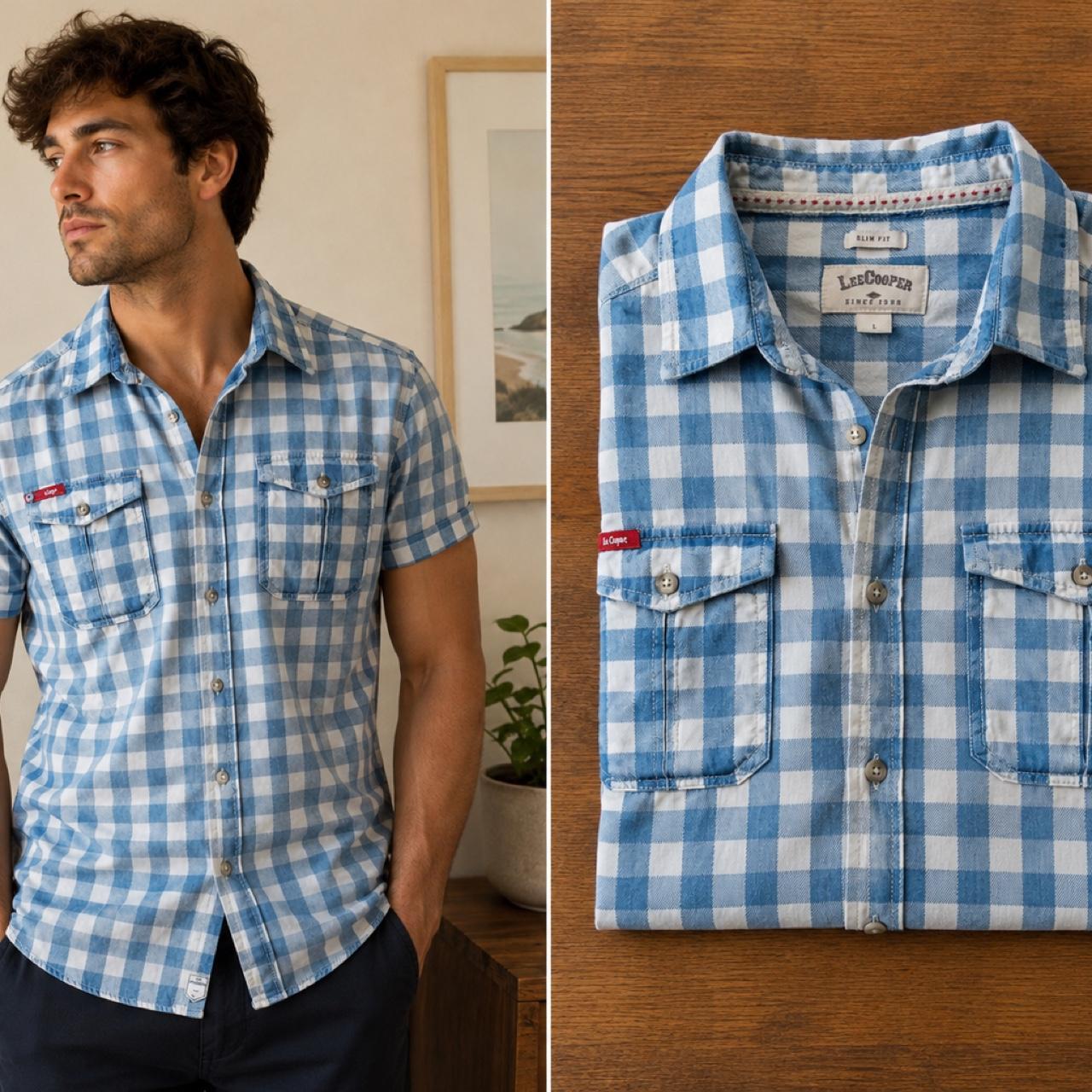Lee Cooper Blue Short Sleeve Check Button Up Shirt - Image 1