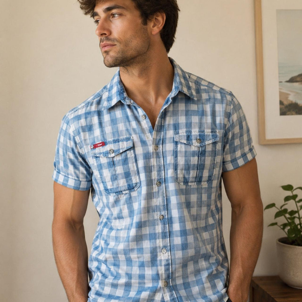 Lee Cooper Blue Short Sleeve Check Button Up Shirt - Image 2