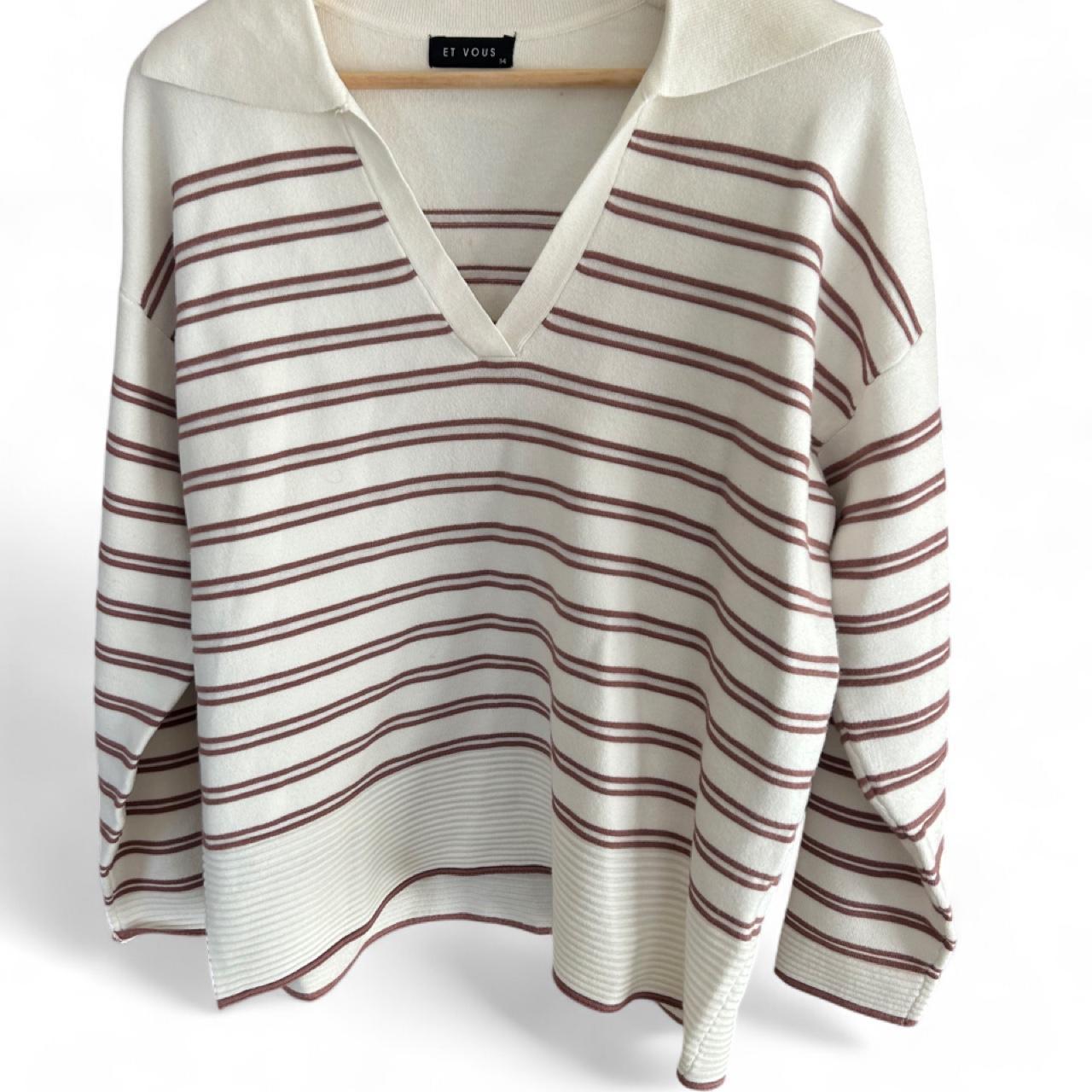 Et Vous Cream Knit V-Neck Long Sleeve Top With Mocha Stripe Detail - Image 2