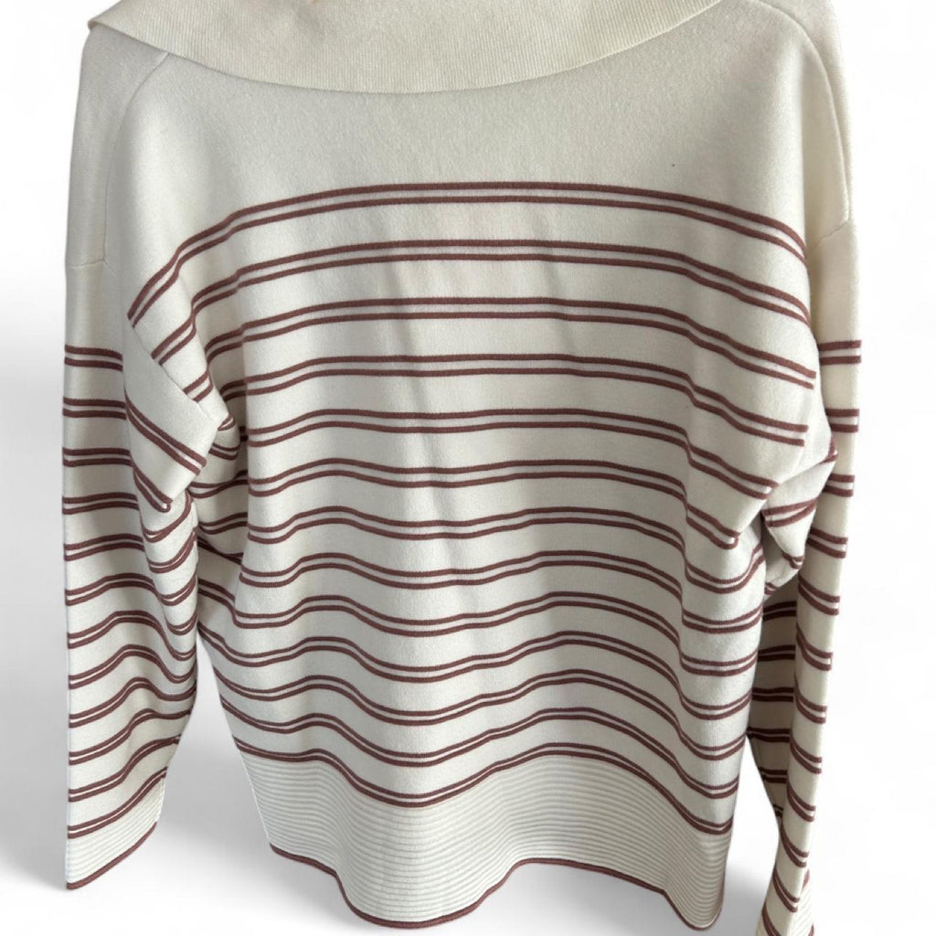 Et Vous Cream Knit V-Neck Long Sleeve Top With Mocha Stripe Detail - Image 3